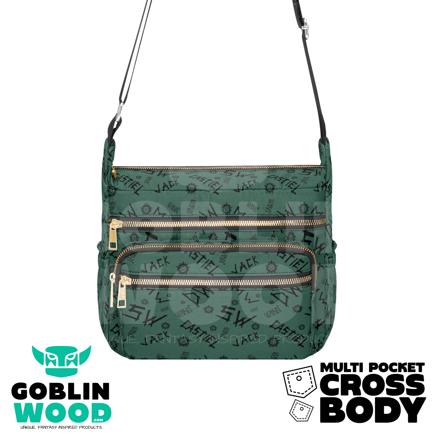 Initials (Bottle Green) - Multi Pocket Crossbody, a Supernatural-inspired design by Goblin Wood