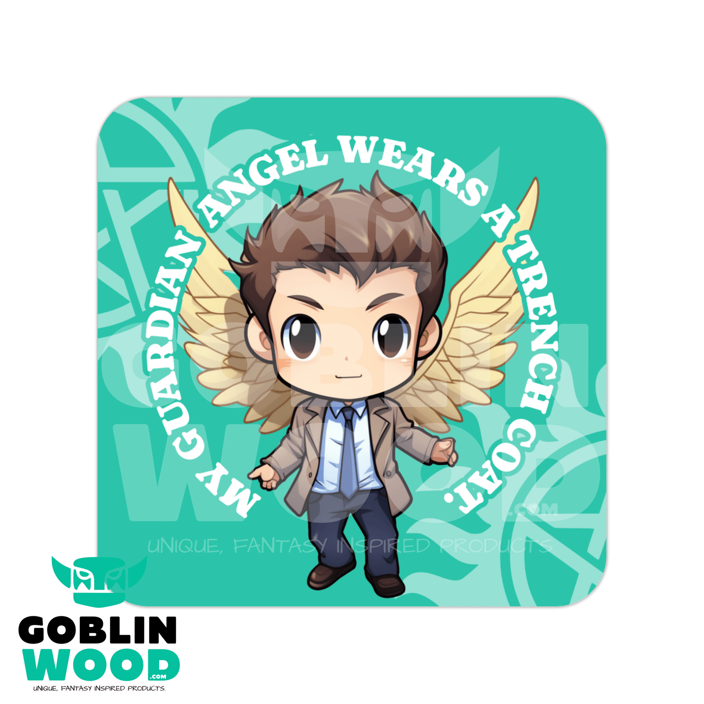 Castiel (Trench Coat) - Kawaii Speech Bubble Drinks Coaster - Supernatural Inspired - Goblin Wood Exclusive - Goblin Wood