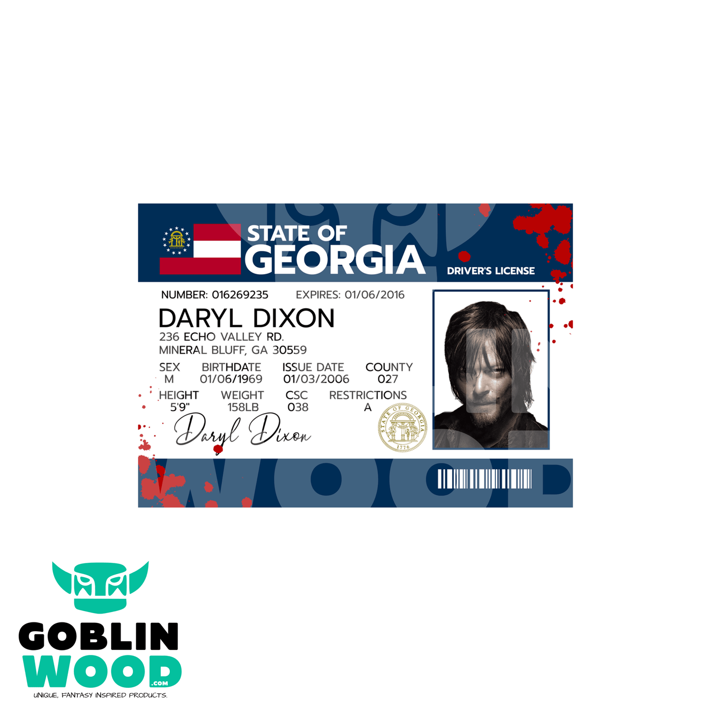 Daryl Dixon - Drivers License - The Walking Dead Inspired - Goblin Wood Exclusive - Goblin Wood