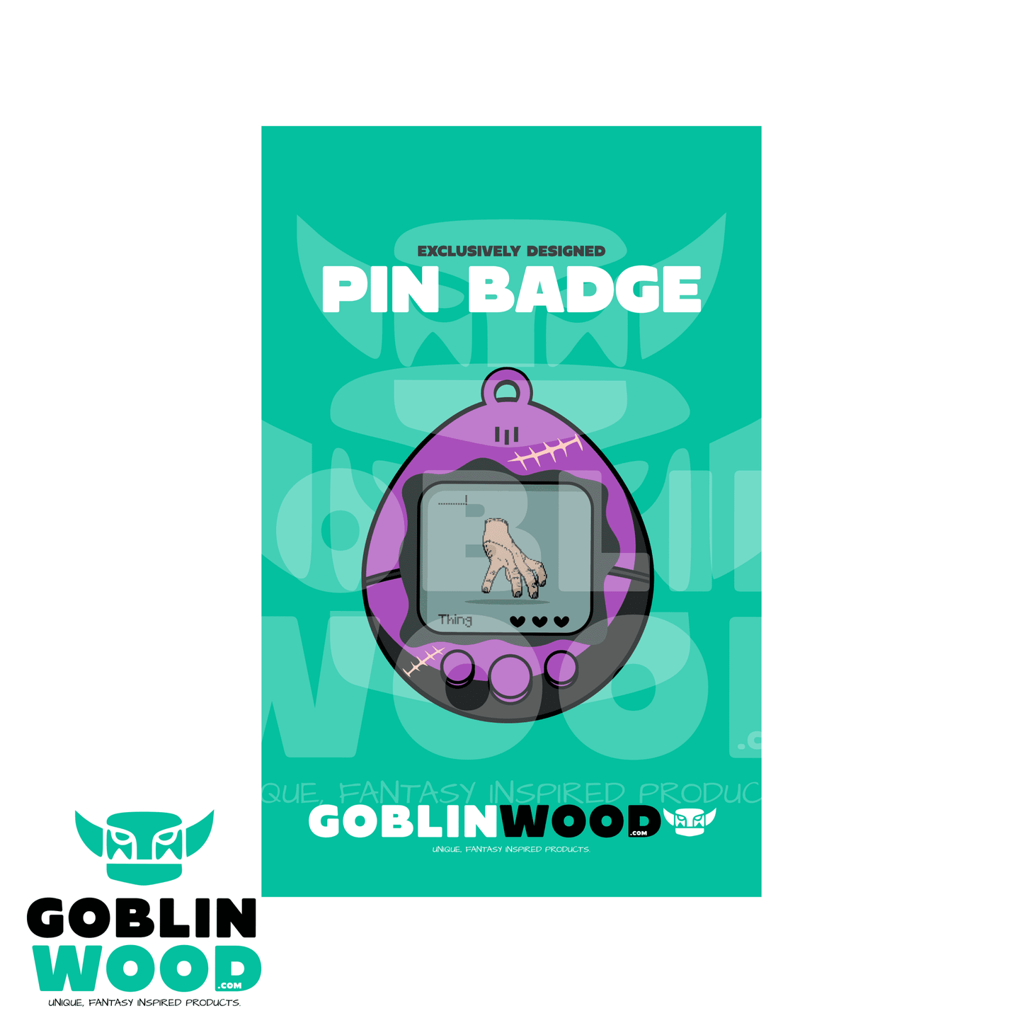 Thing - Acrylic Tamagotchi Style Pin Badge - Wednesday Inspired - Goblin Wood Exclusive - Goblin Wood