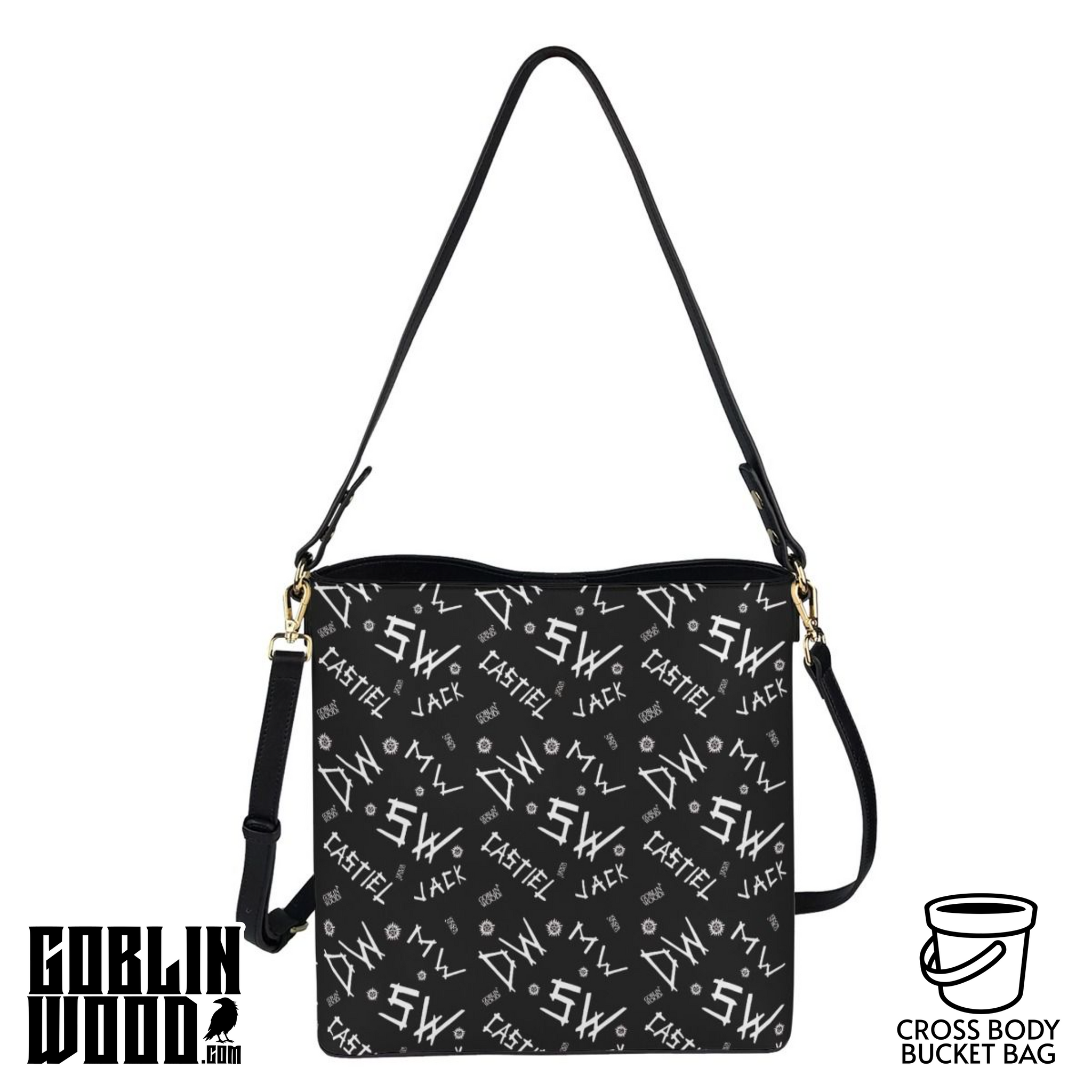 *PRE ORDER* Initials - Black Cross Body Bucket Bag  - Supernatural Inspired - Goblin Wood Exclusive