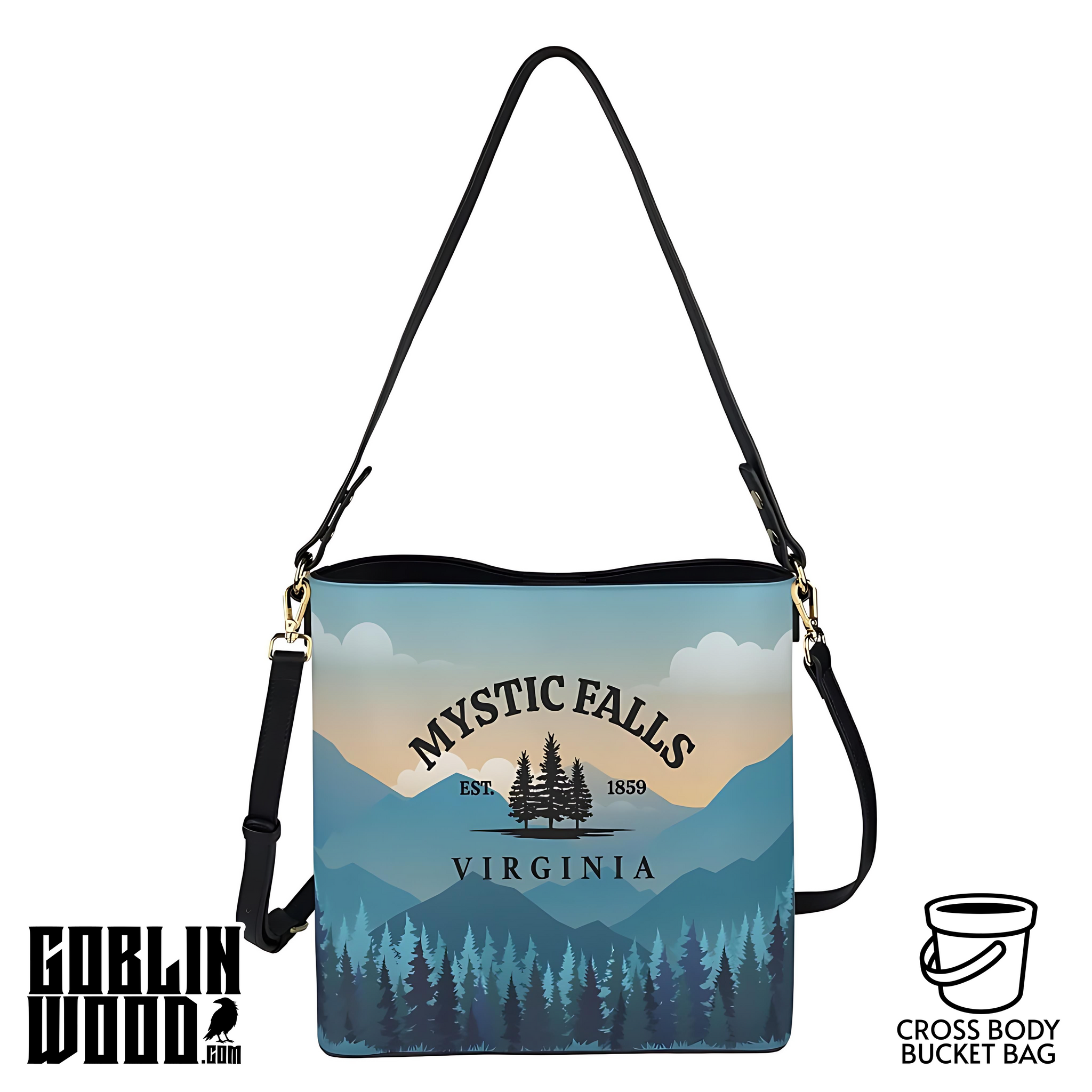 Mystic Falls - Black Cross Body Bucket Bag  - TVD Inspired - Goblin Wood Exclusive
