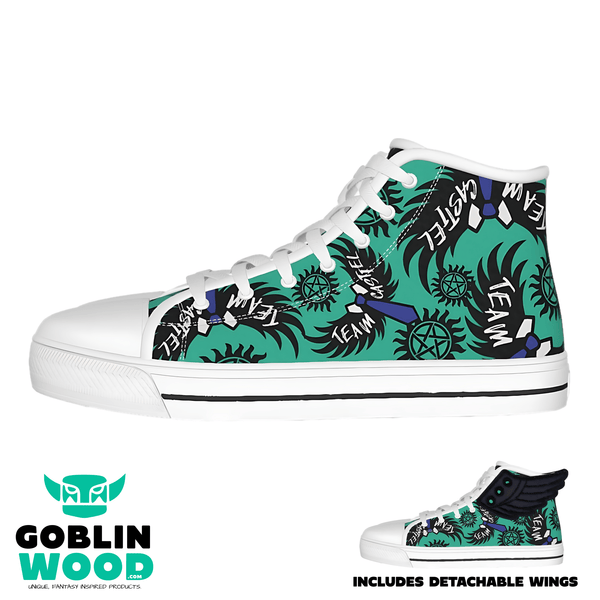 Castiel - AOP Teal Canvas Hi - Top Shoe With Detachable Wings - Supernatural Inspired - Goblin Wood Exclusive - Goblin Wood