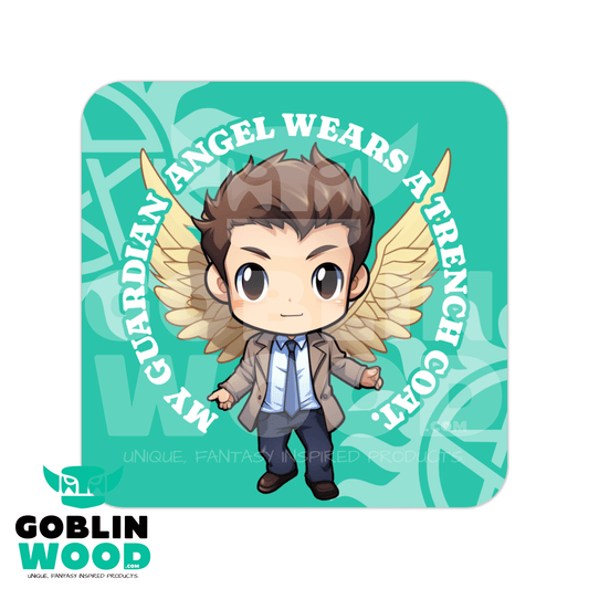 Castiel (Trench Coat) - Kawaii Speech Bubble Drinks Coaster - Supernatural Inspired - Goblin Wood Exclusive - Goblin Wood
