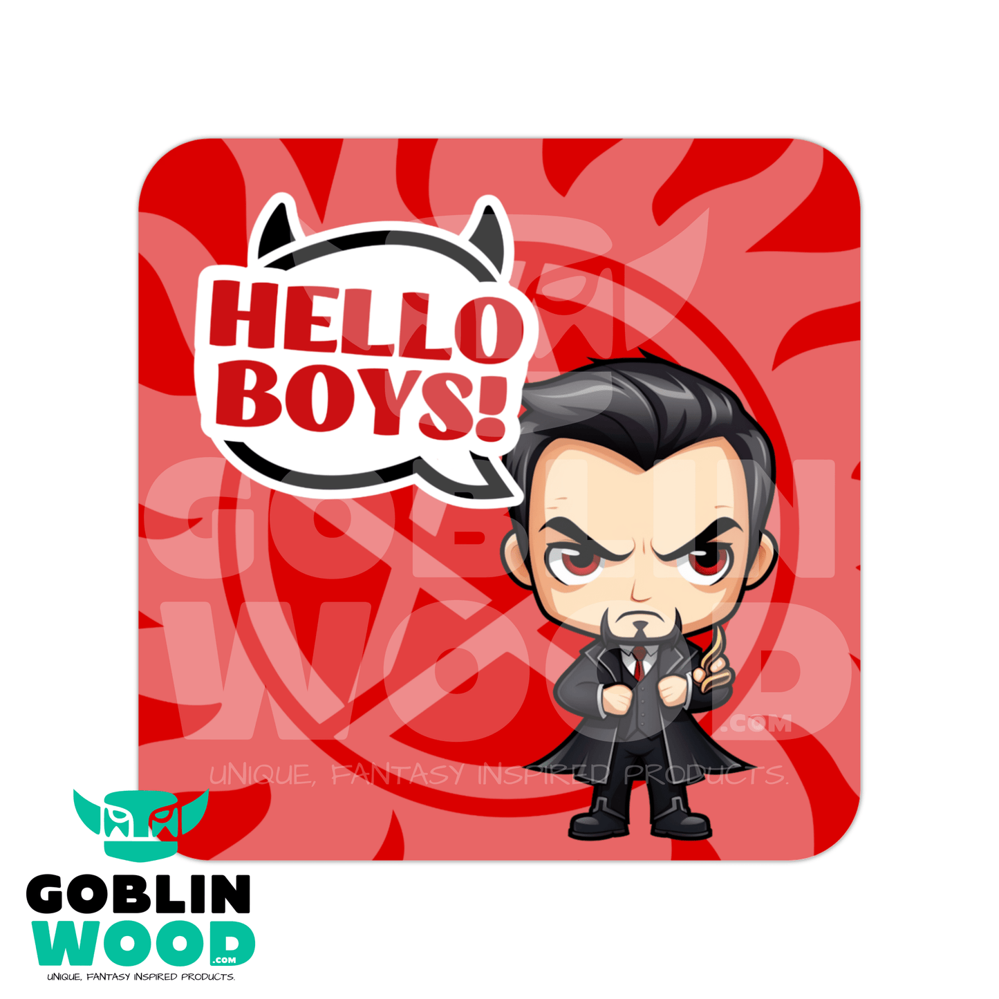 Crowley - Kawaii Speech Bubble Drinks Coaster - Supernatural Inspired - Goblin Wood Exclusive - Goblin Wood