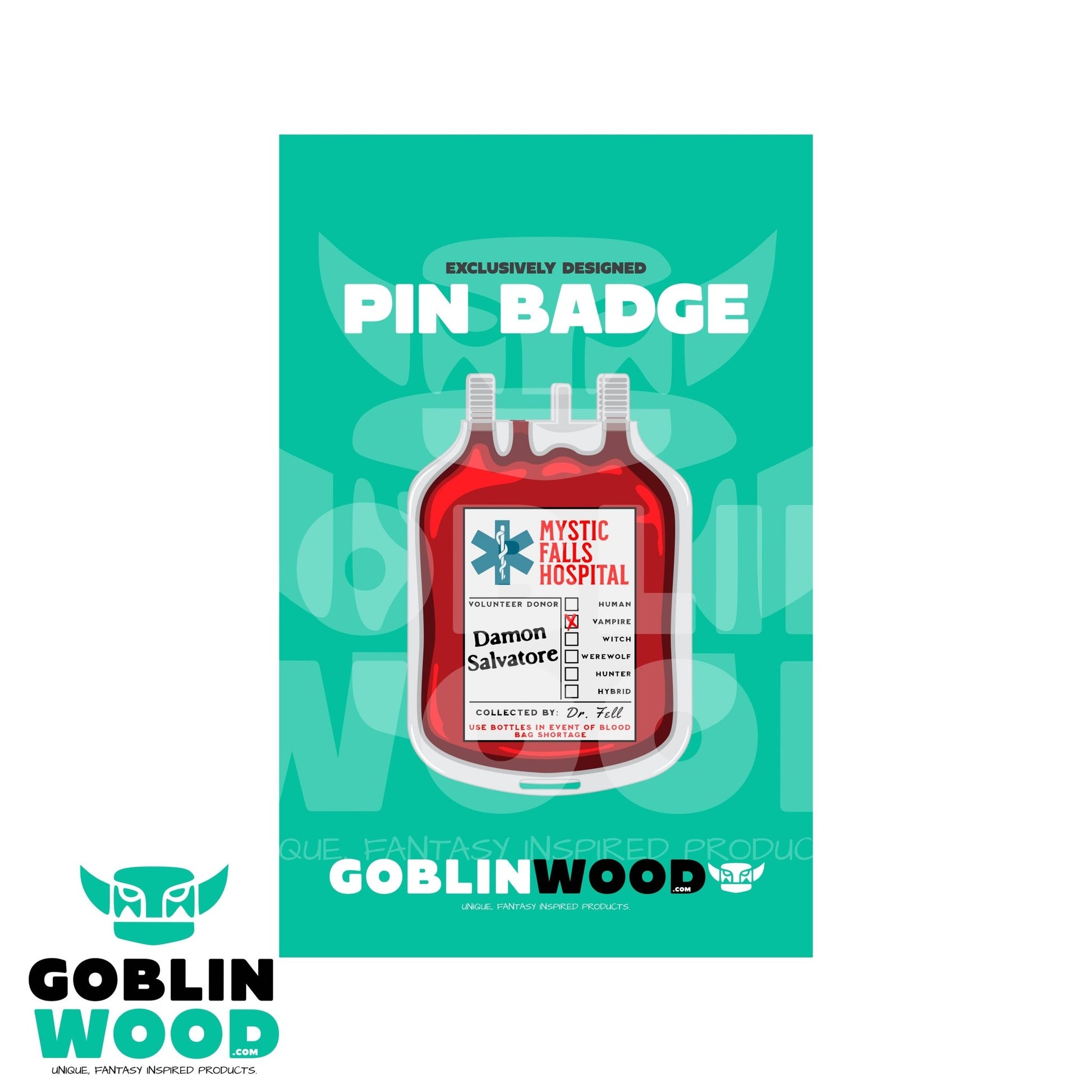 Damon Blood Bag - Acrylic Pin Badge -  - Goblin Wood Exclusive - Goblin Wood