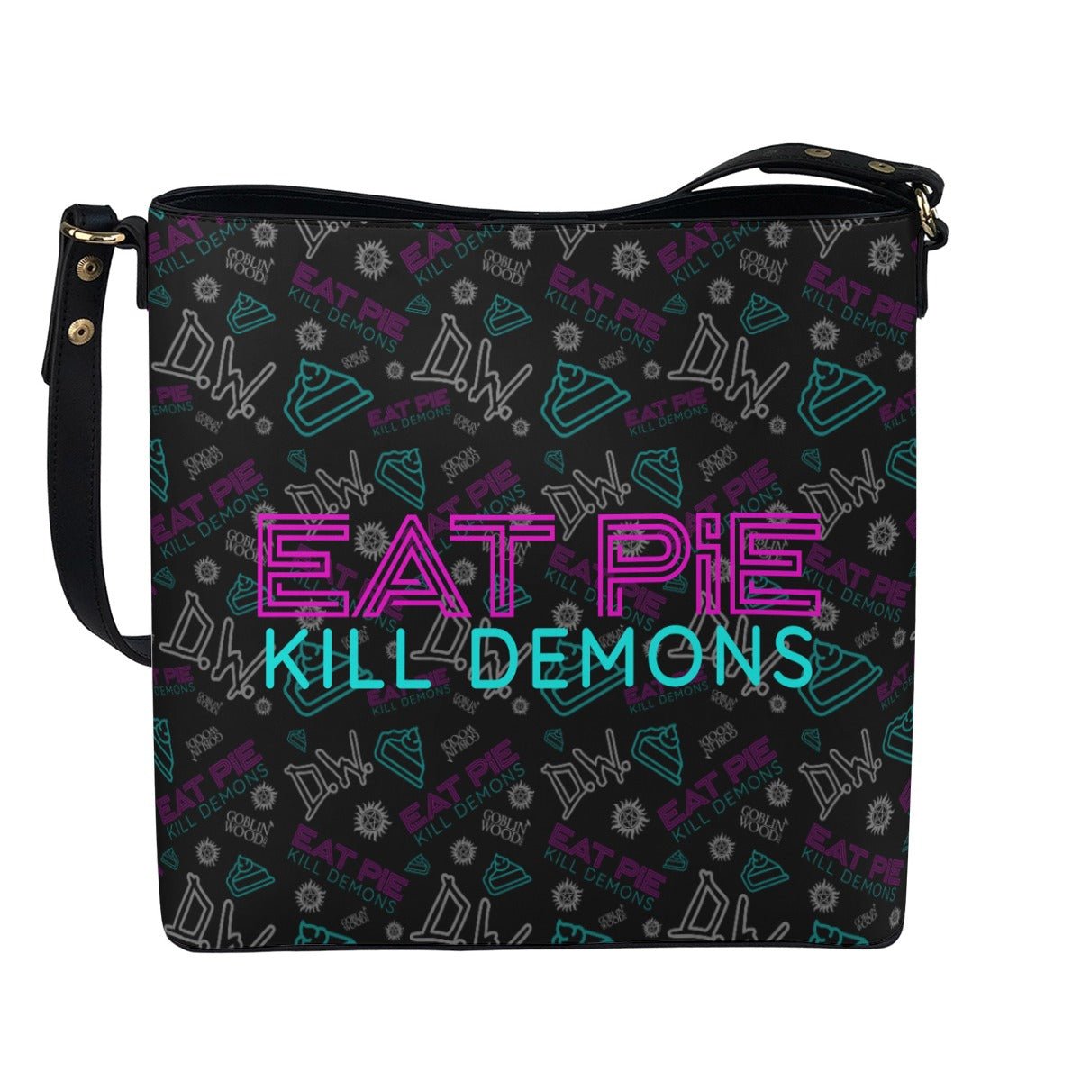 Eat Pie - Black AOP Cross Body Bucket Bag - Supernatural Inspired - Goblin Wood Exclusive - Goblin Wood