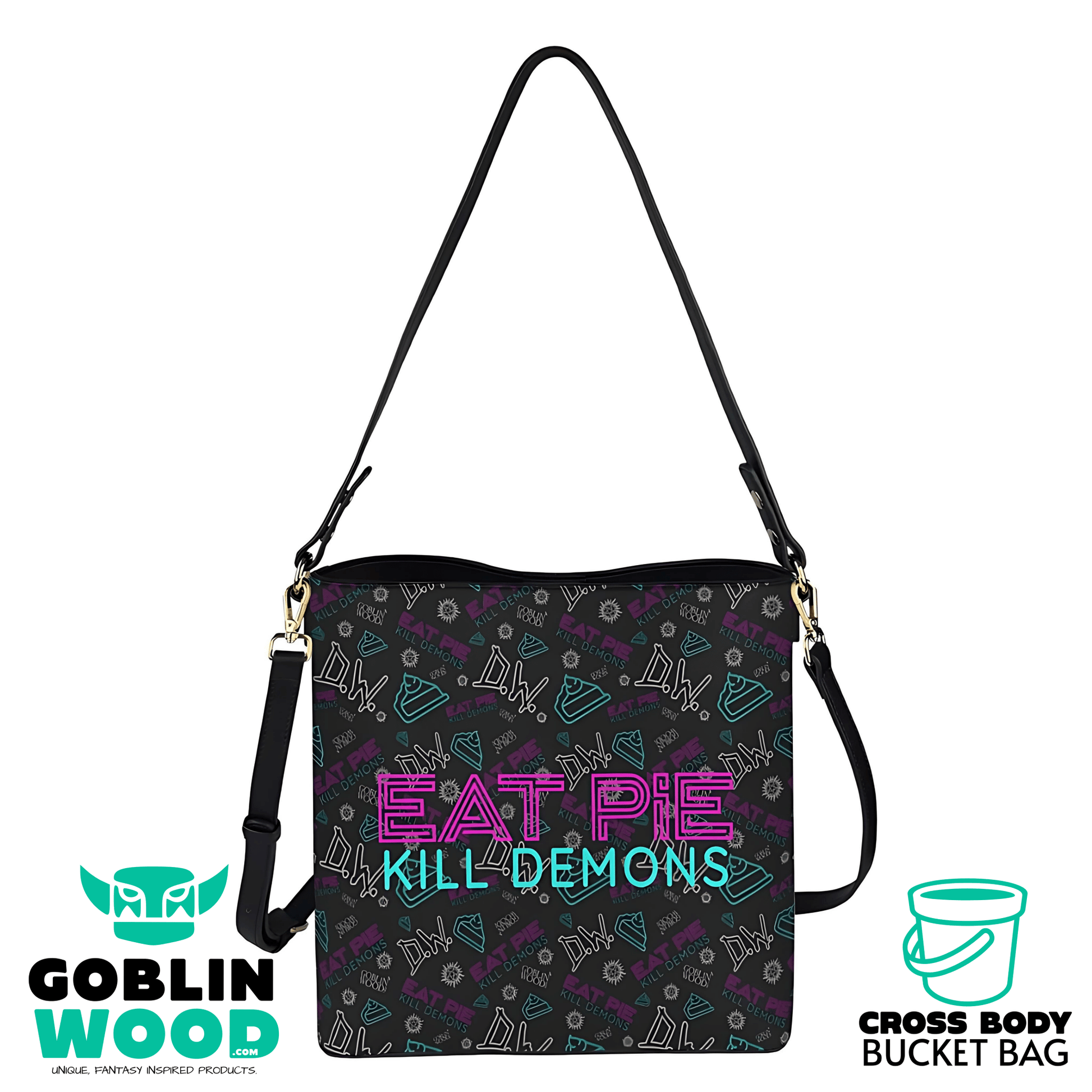 Eat Pie - Black AOP Cross Body Bucket Bag - Supernatural Inspired - Goblin Wood Exclusive - Goblin Wood