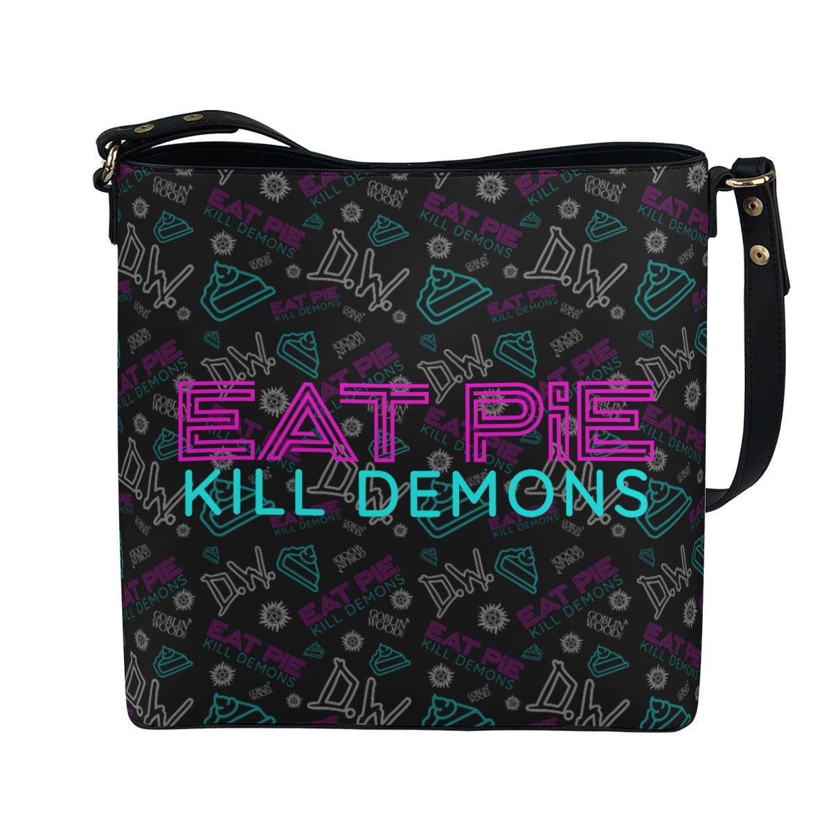 Eat Pie - Black AOP Cross Body Bucket Bag - Supernatural Inspired - Goblin Wood Exclusive - Goblin Wood