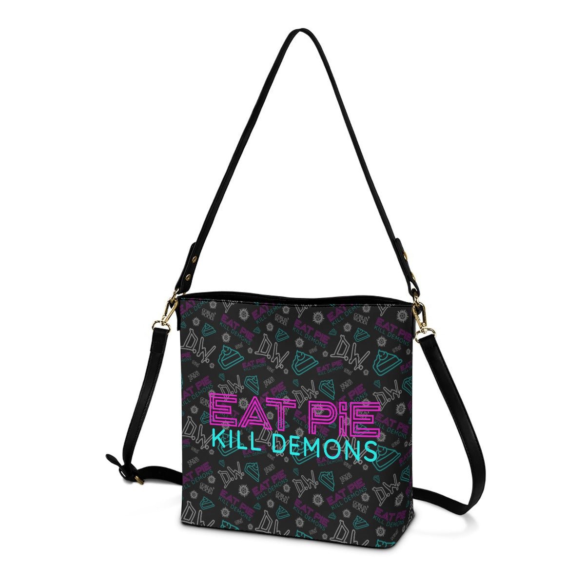 Eat Pie - Black AOP Cross Body Bucket Bag - Supernatural Inspired - Goblin Wood Exclusive - Goblin Wood