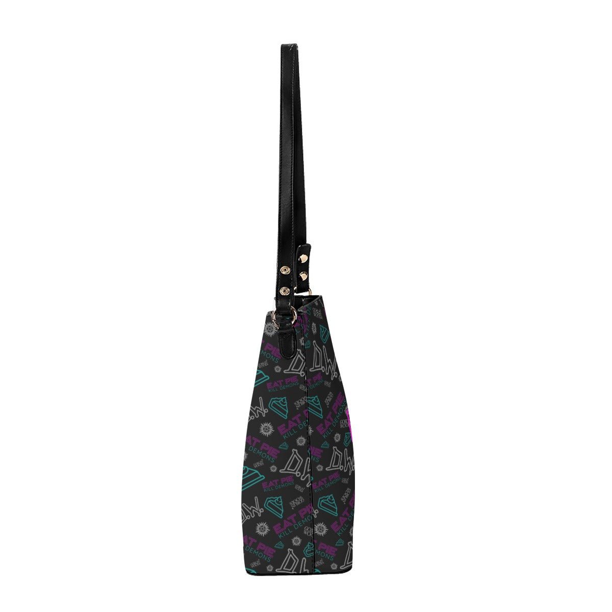 Eat Pie - Black AOP Cross Body Bucket Bag - Supernatural Inspired - Goblin Wood Exclusive - Goblin Wood