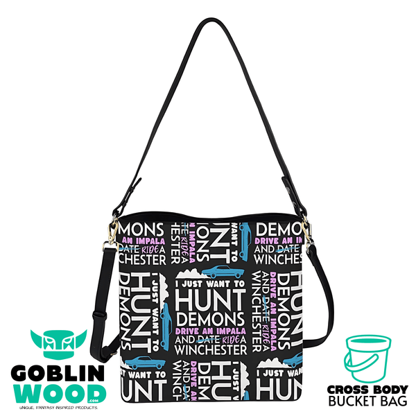 Hunt Drive Ride - Black AOP Cross Body Bucket Bag - Supernatural Inspired - Goblin Wood Exclusive - Goblin Wood