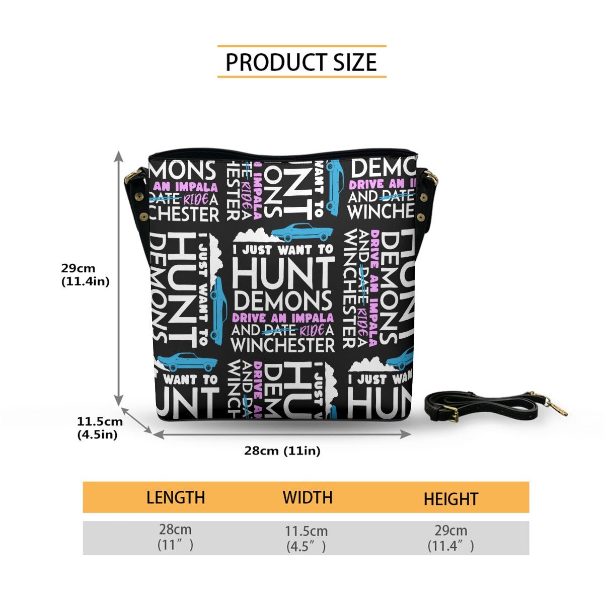 Hunt Drive Ride - Black AOP Cross Body Bucket Bag - Supernatural Inspired - Goblin Wood Exclusive - Goblin Wood