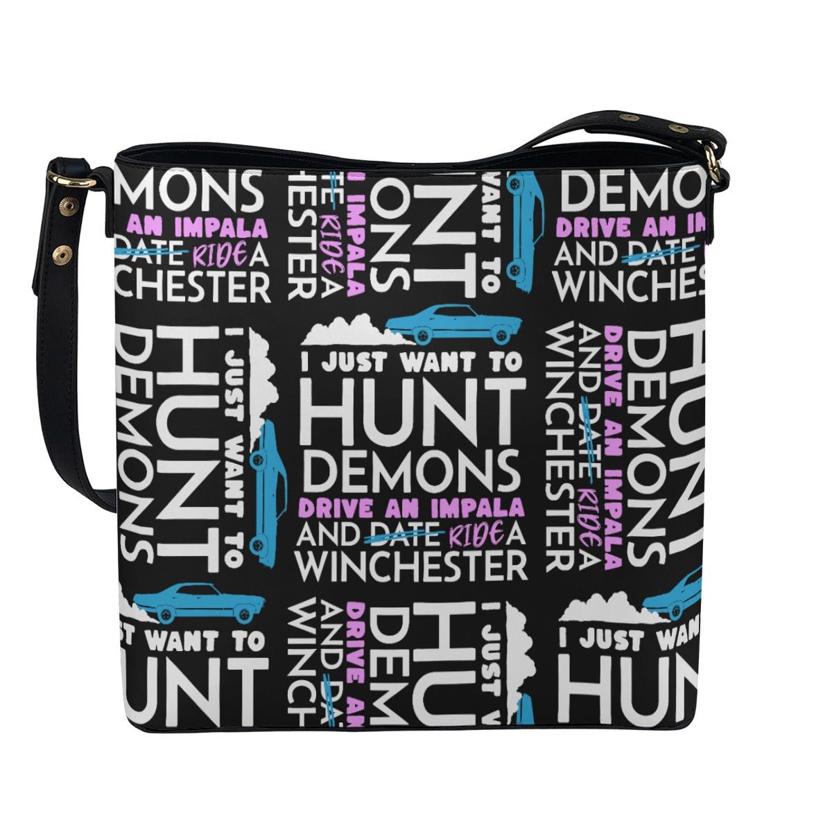 Hunt Drive Ride - Black AOP Cross Body Bucket Bag - Supernatural Inspired - Goblin Wood Exclusive - Goblin Wood