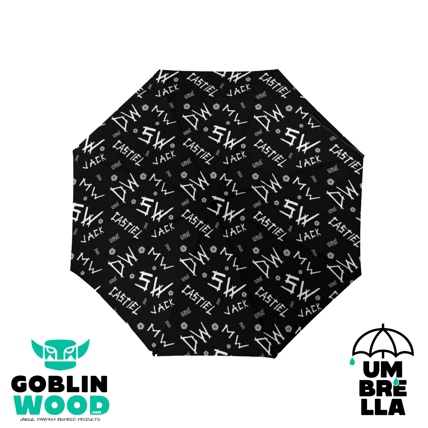 Initials (Black) - Lightweight 3 - Fold Umbrella - Supernatural Inspired - Goblin Wood Exclusive - Goblin Wood