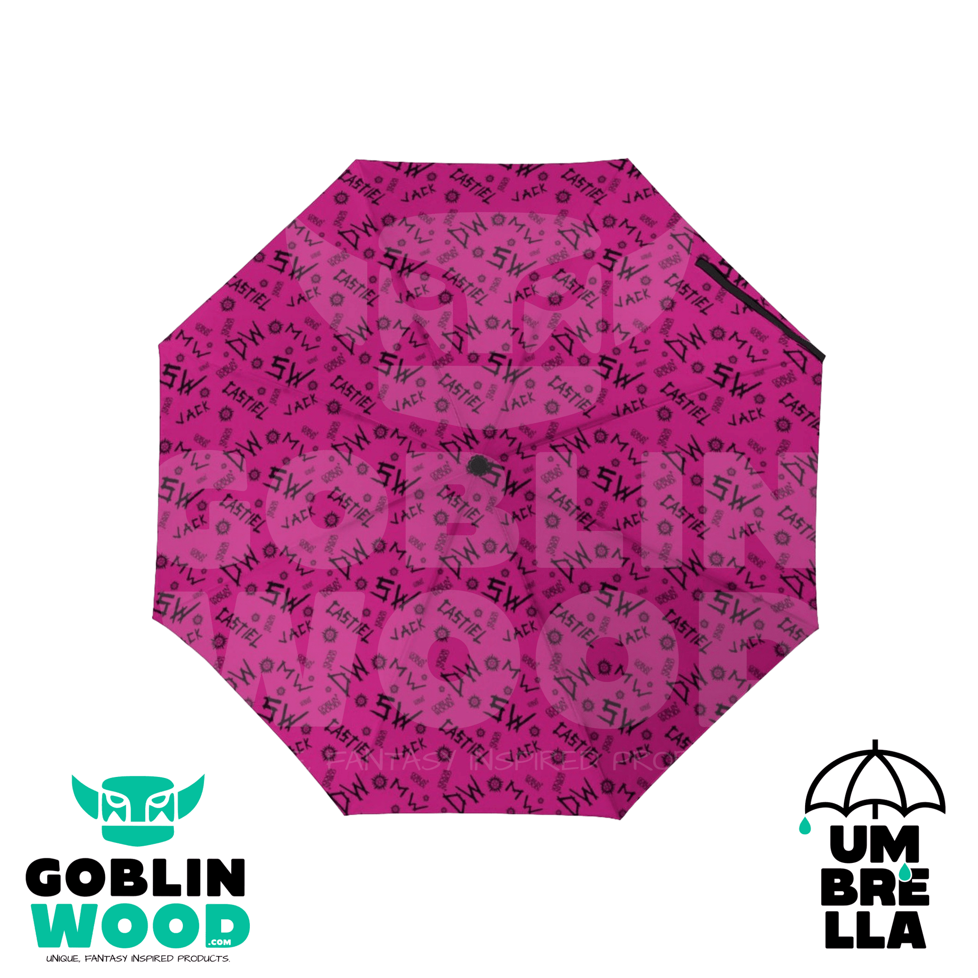 Initials (Raspberry) - Lightweight 3 - Fold Umbrella - Supernatural Inspired - Goblin Wood Exclusive - Goblin Wood