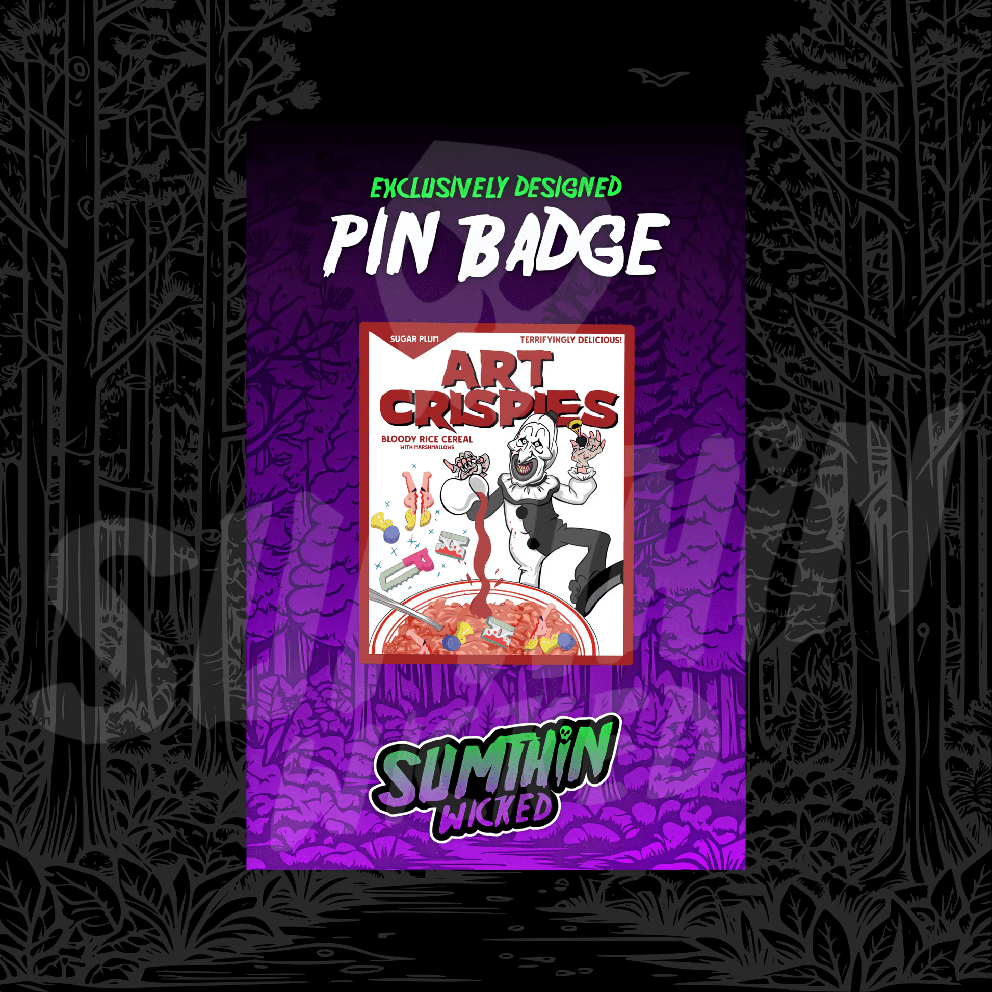 Killoggs - Acrylic Pin Badge - Terrifier Inspired - Sumthin Wicked Exclusive - Goblin Wood