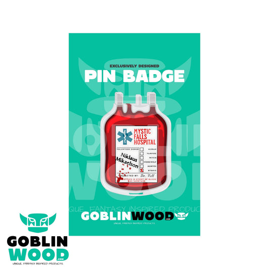 Klaus Blood Bag - Acrylic Pin Badge - TVD Inspired - Goblin Wood Exclusive - Goblin Wood
