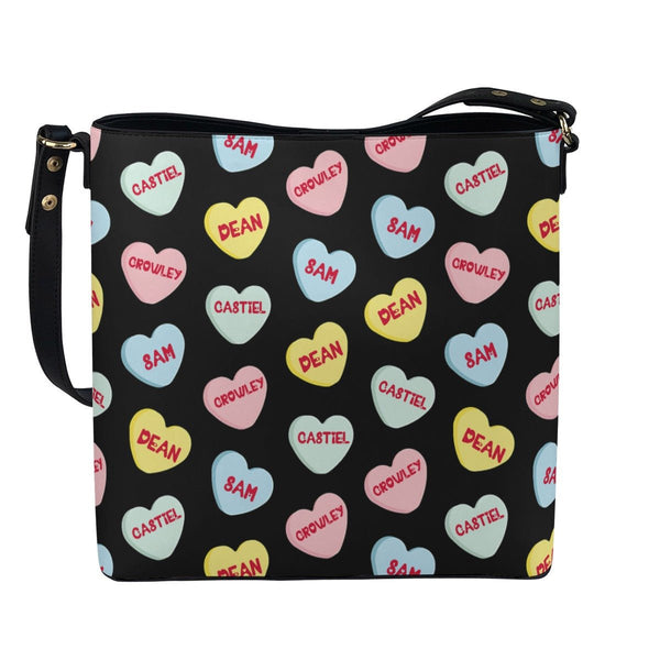 Love Hearts - Black AOP Cross Body Bucket Bag - Supernatural Inspired - Goblin Wood Exclusive - Goblin Wood