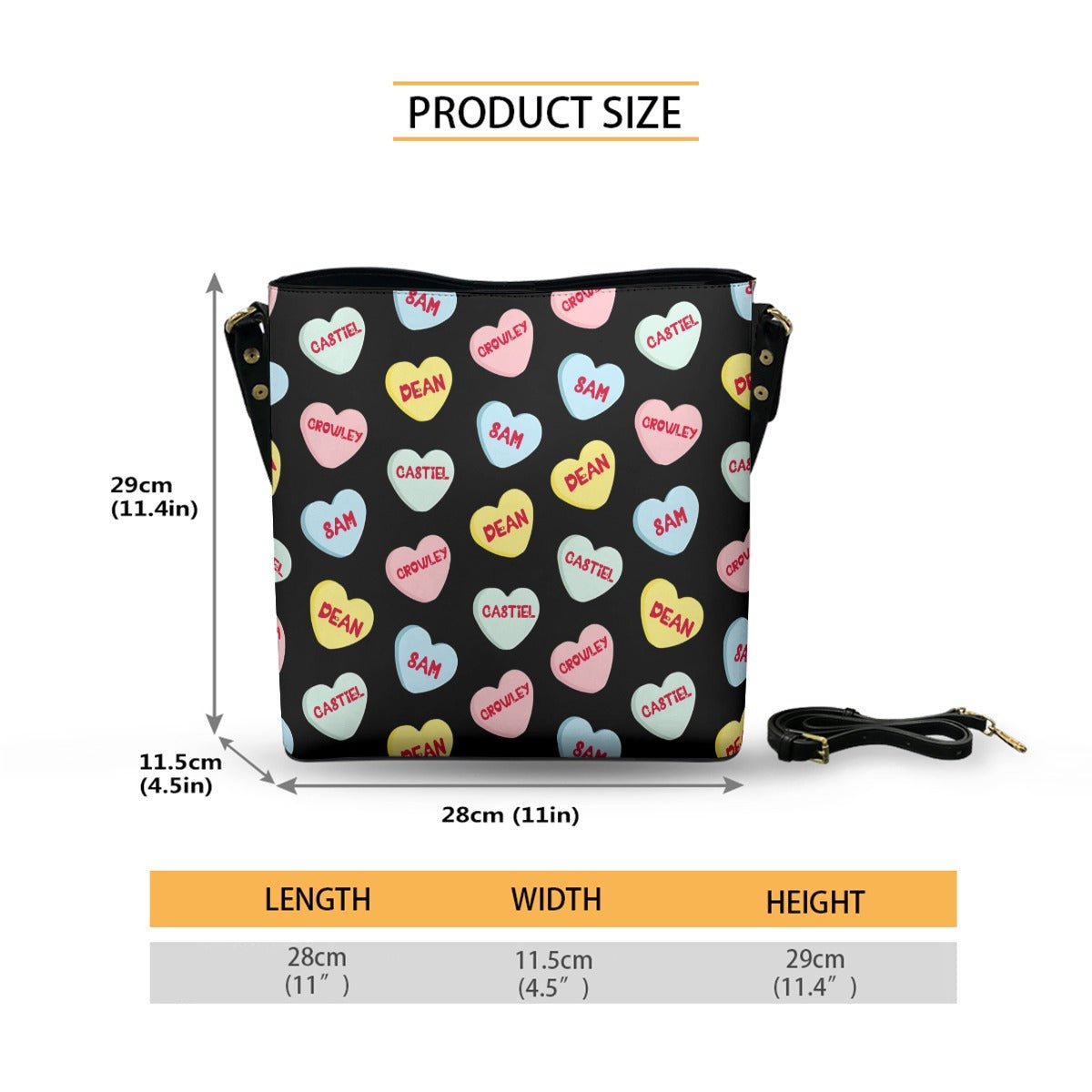 Love Hearts - Black AOP Cross Body Bucket Bag - Supernatural Inspired - Goblin Wood Exclusive - Goblin Wood