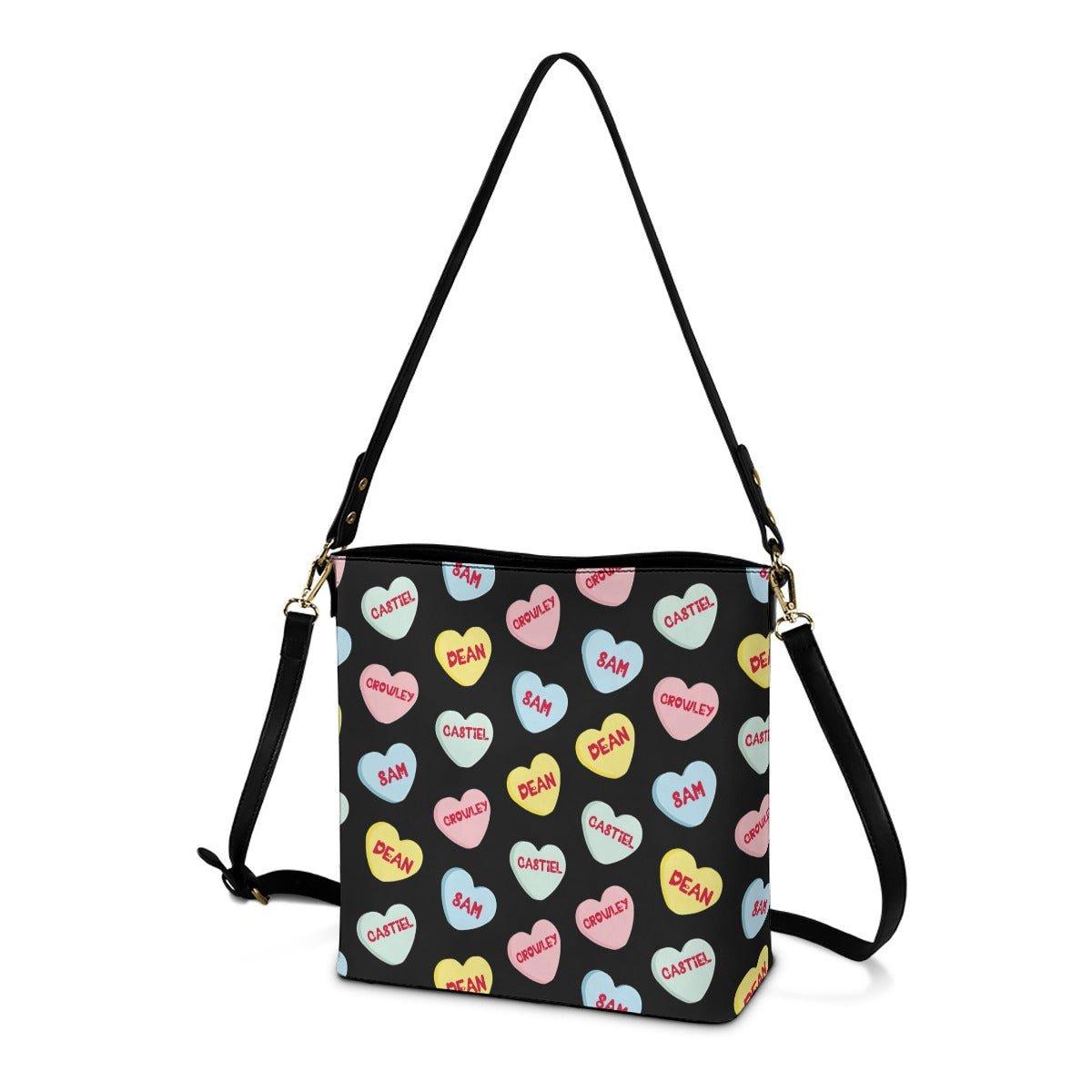 Love Hearts - Black AOP Cross Body Bucket Bag - Supernatural Inspired - Goblin Wood Exclusive - Goblin Wood