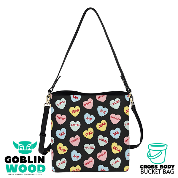 Love Hearts - Black AOP Cross Body Bucket Bag - Supernatural Inspired - Goblin Wood Exclusive - Goblin Wood