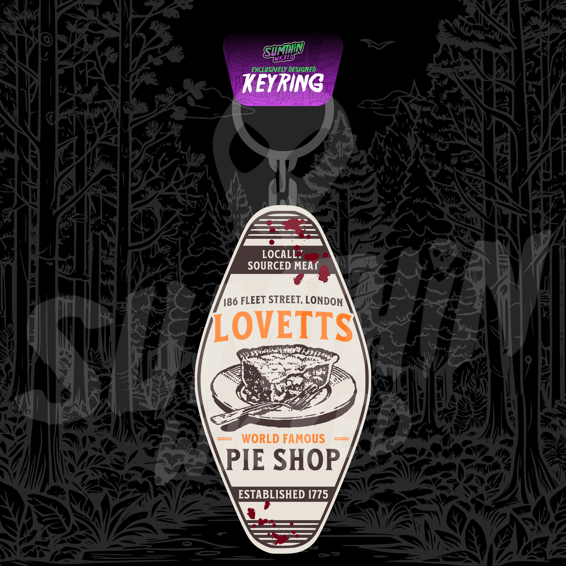 Mrs. Lovetts World famous Pie Shop 186 Fleet Street - Acrylic Key Fob Keychain - Sweeney Todd Inspired - Sumthin Wicked Exclusive - Goblin Wood