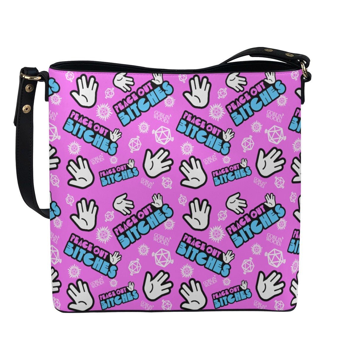 Peace Out Bitches - Bubblegum Cross Body Bucket Bag - Supernatural Inspired - Goblin Wood Exclusive - Goblin Wood