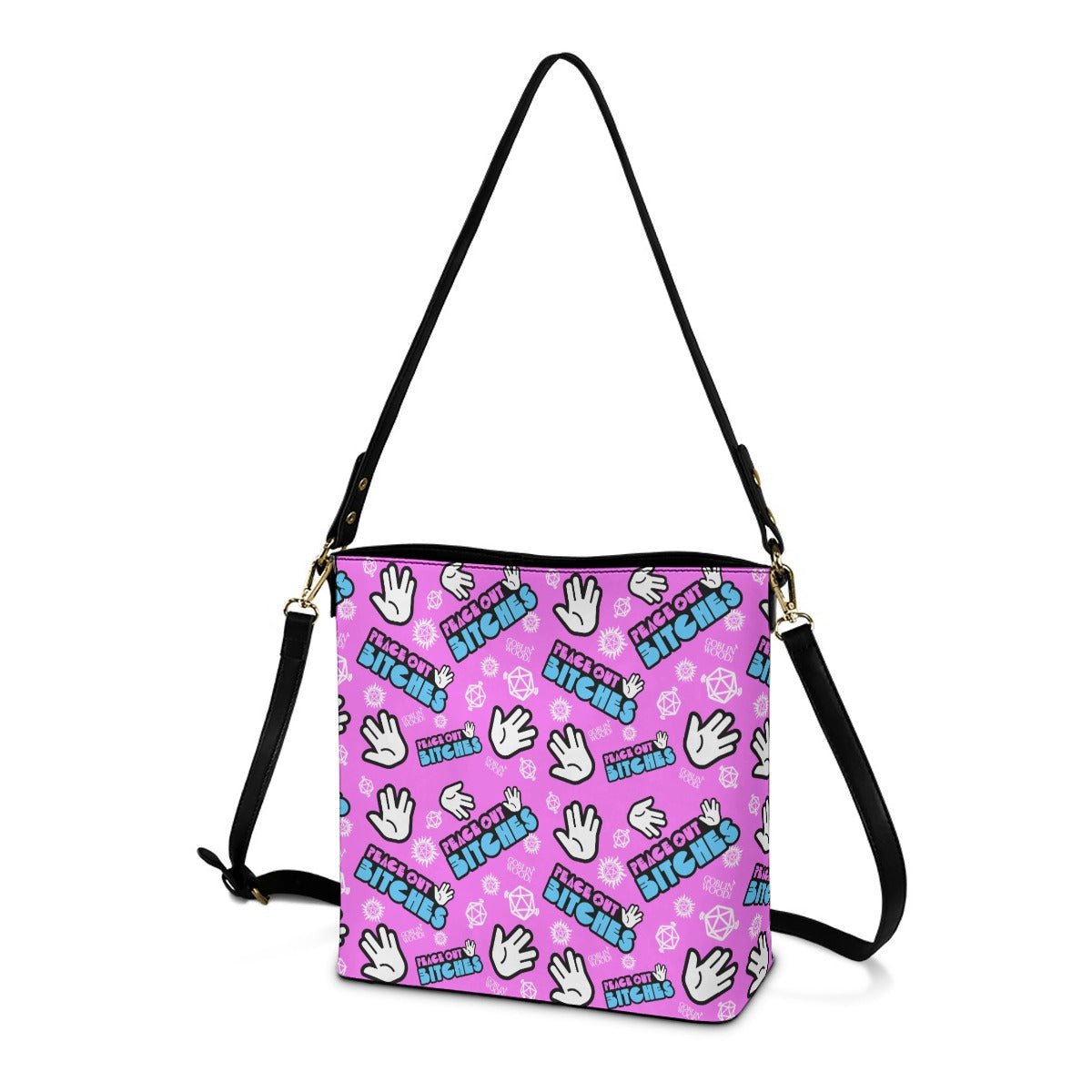 Peace Out Bitches - Bubblegum Cross Body Bucket Bag - Supernatural Inspired - Goblin Wood Exclusive - Goblin Wood