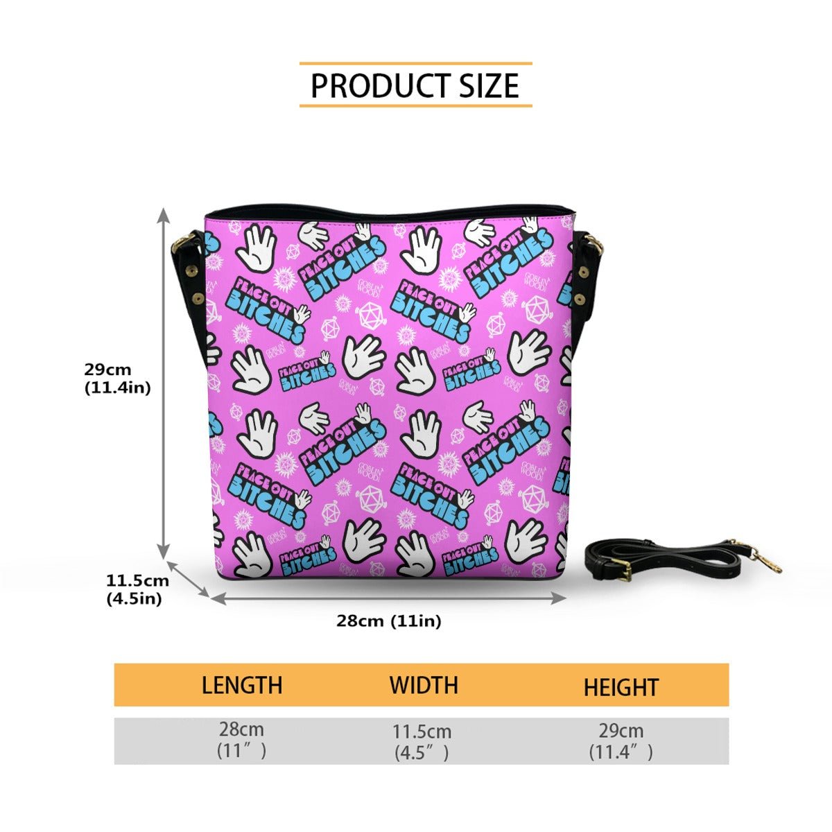 Peace Out Bitches - Bubblegum Cross Body Bucket Bag - Supernatural Inspired - Goblin Wood Exclusive - Goblin Wood