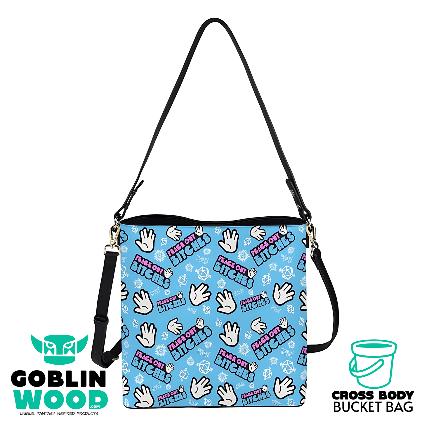 Peace Out Bitches - Sky Cross Body Bucket Bag - Supernatural Inspired - Goblin Wood Exclusive - Goblin Wood