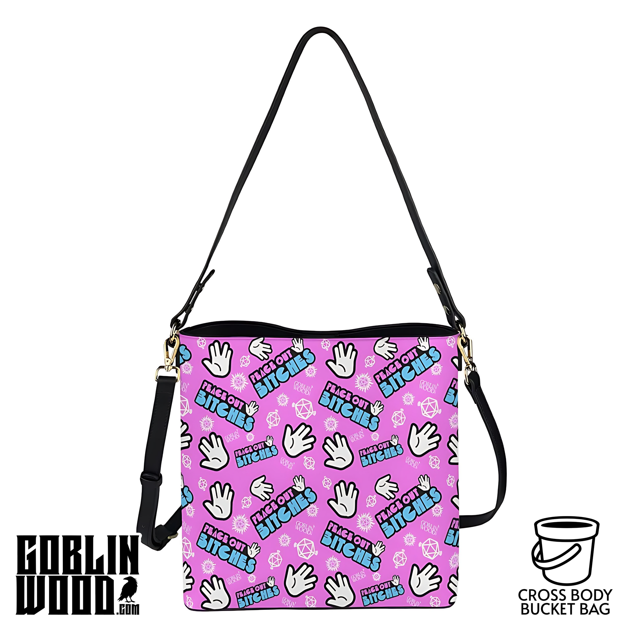 Peace Out Bitches - Bubblegum Cross Body Bucket Bag  - Supernatural Inspired - Goblin Wood Exclusive