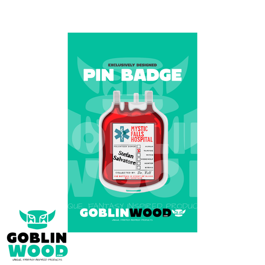 Stefan Blood Bag - Acrylic Pin Badge - TVD Inspired - Goblin Wood Exclusive - Goblin Wood