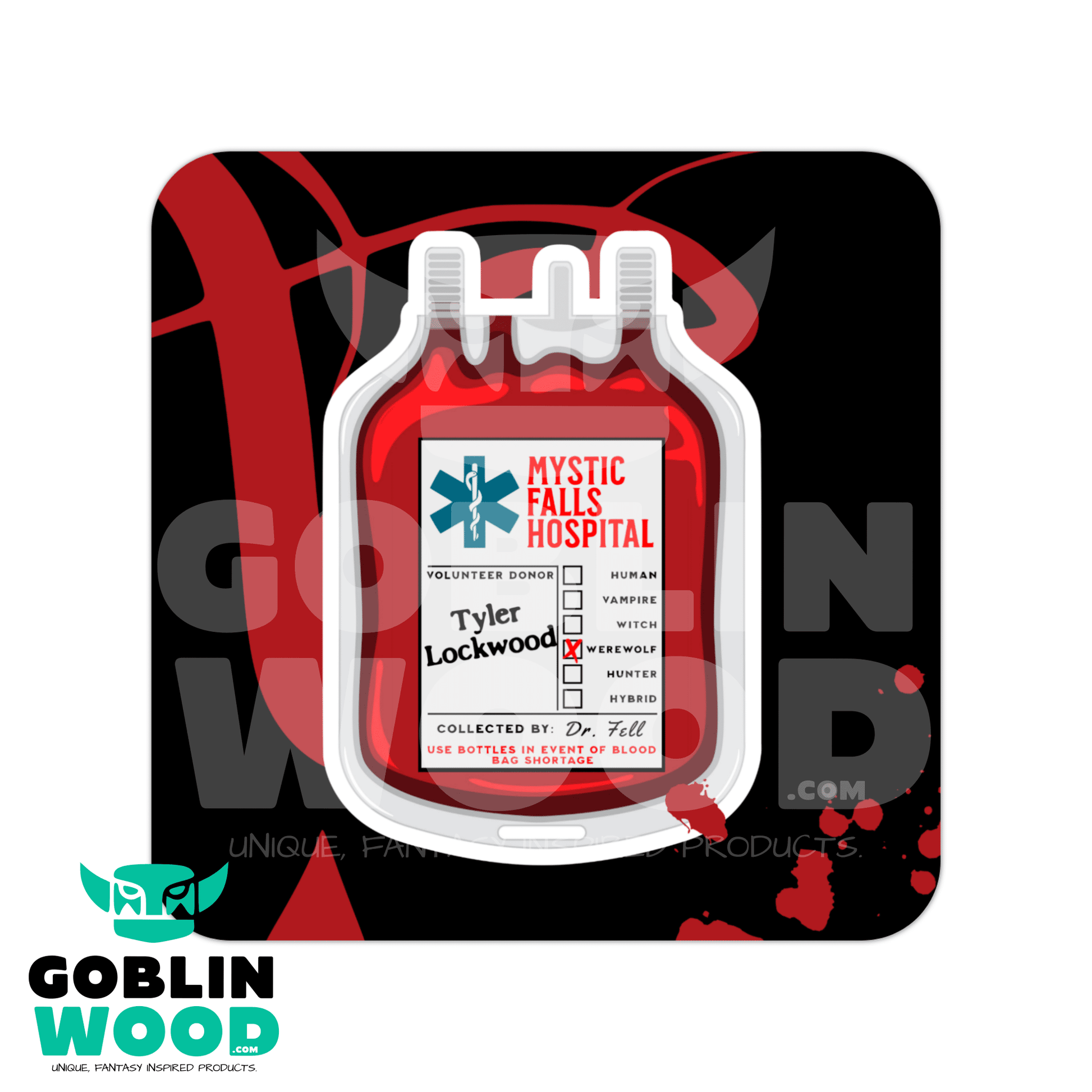 Tyler Blood Bag - Drinks Coaster - TVD Inspired - Goblin Wood Exclusive - Goblin Wood