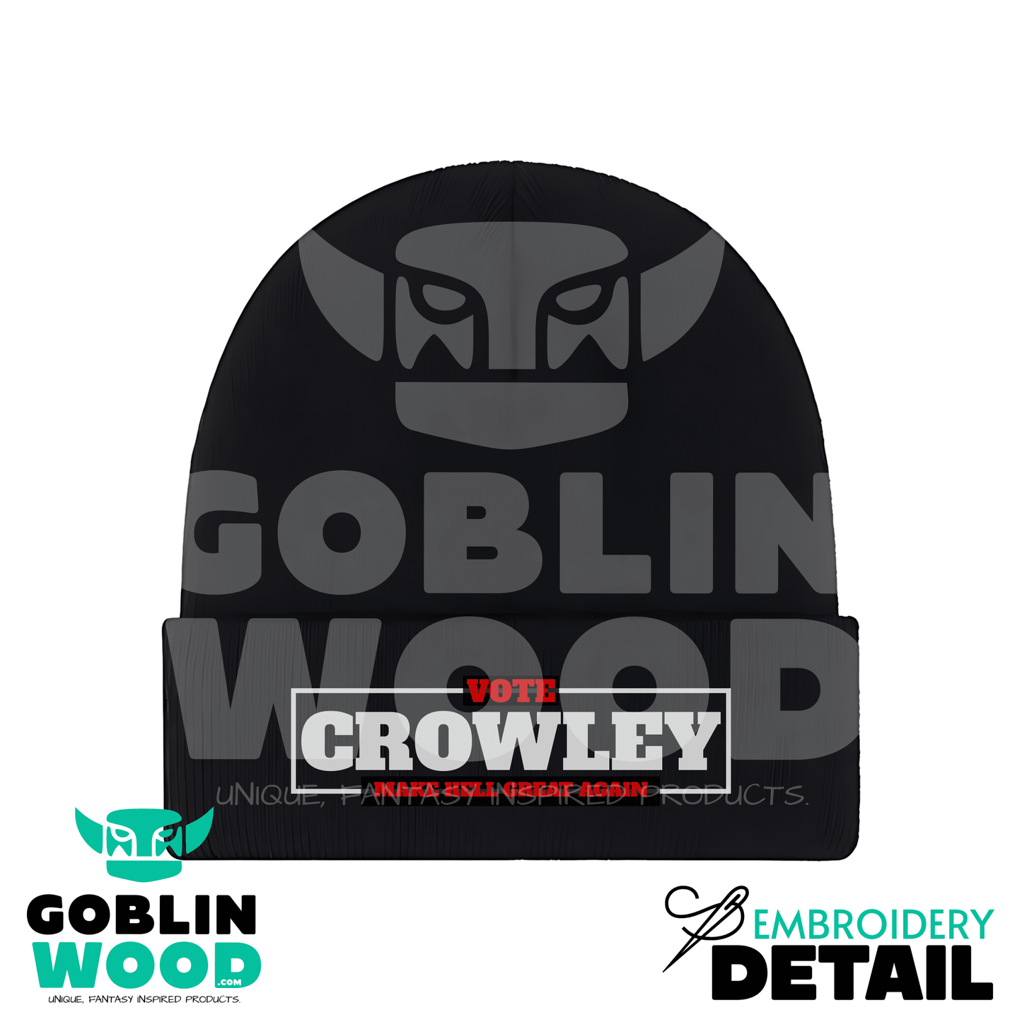 Vote Crowley - Black Embroidered Beanie - Supernatural Inspired - Goblin Wood Exclusive - Goblin Wood