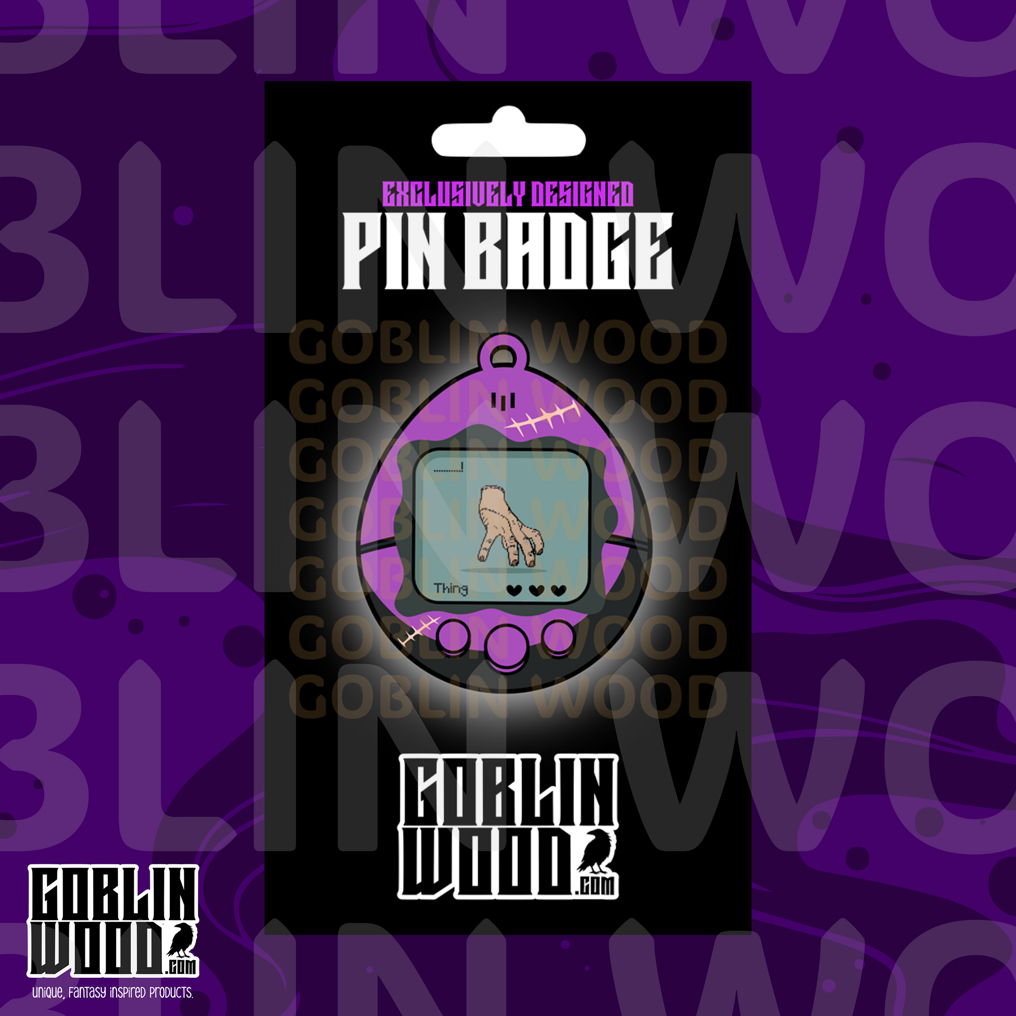 Thing - Acrylic Tamagotchi Style Pin Badge - Wednesday Inspired - Goblin Wood Exclusive