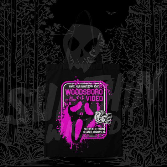 Woodsboro Video (Pink) - Black Cotton Tote Bag - Scream Inspired - Sumthin Wicked Exclusive - Goblin Wood