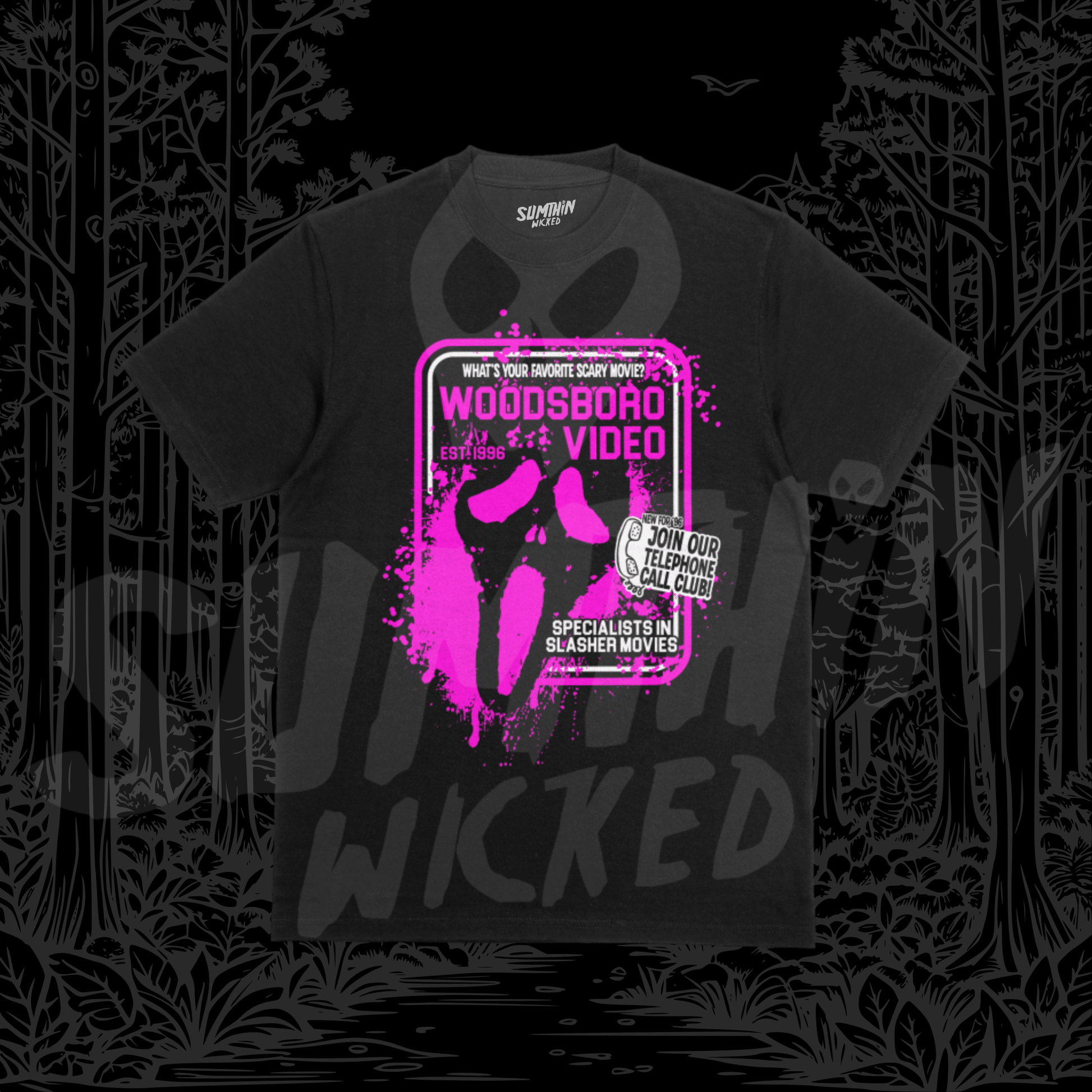 Woodsboro Video (Pink) - Black Premium T-Shirt - Scream Inspired - Sumthin Wicked Exclusive - Goblin Wood