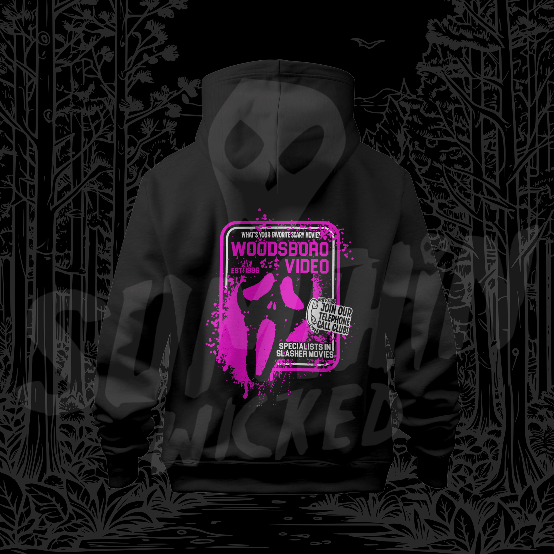 Woodsboro Video (Pink) - Black Rear Print Premium Hoody - Scream Inspired - Sumthin Wicked Exclusive - Goblin Wood