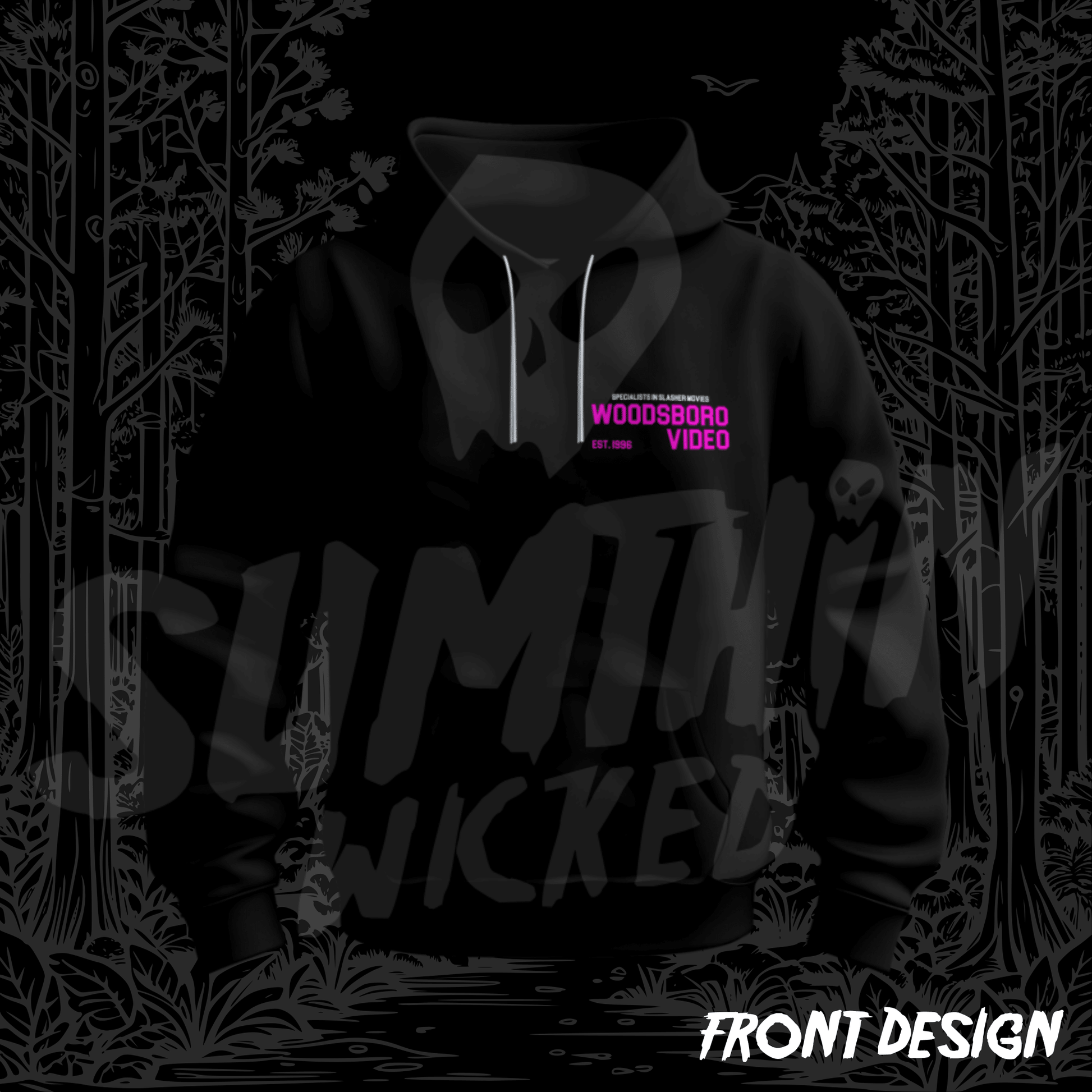 Woodsboro Video (Pink) - Black Rear Print Premium Hoody - Scream Inspired - Sumthin Wicked Exclusive - Goblin Wood