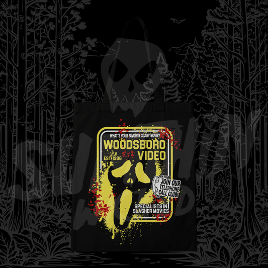 Woodsboro Video (Yellow) - Black Cotton Tote Bag - Scream Inspired - Sumthin Wicked Exclusive - Goblin Wood