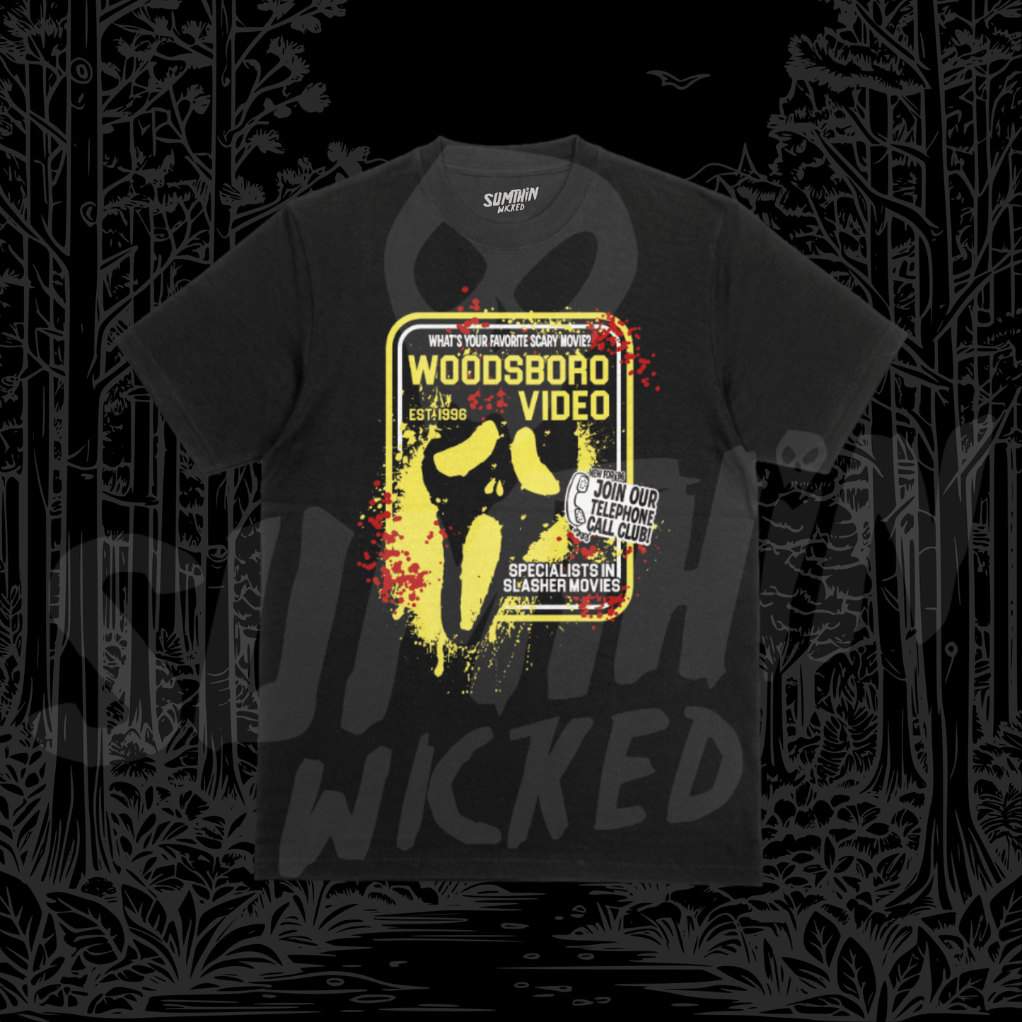 Woodsboro Video (Yellow) - Black Premium T-Shirt - Scream Inspired - Sumthin Wicked Exclusive - Goblin Wood