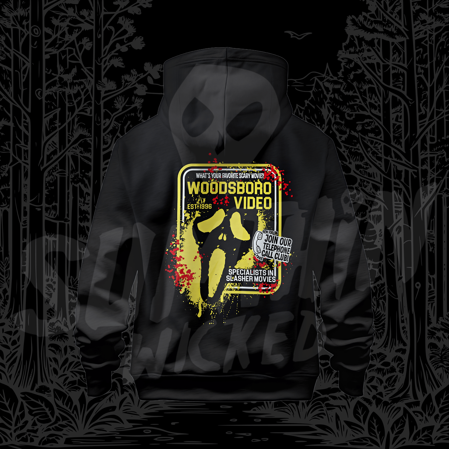 Woodsboro Video (Yellow) - Black Rear Print Premium Hoody - Scream Inspired - Sumthin Wicked Exclusive - Goblin Wood