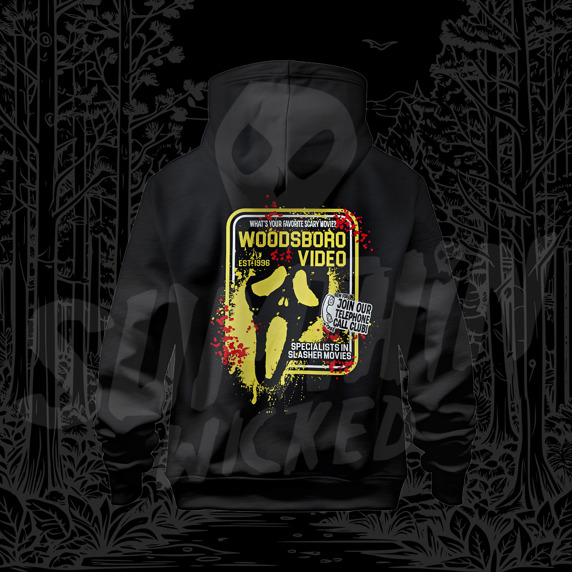 Woodsboro Video (Yellow) - Black Rear Print Premium Hoody - Scream Inspired - Sumthin Wicked Exclusive - Goblin Wood