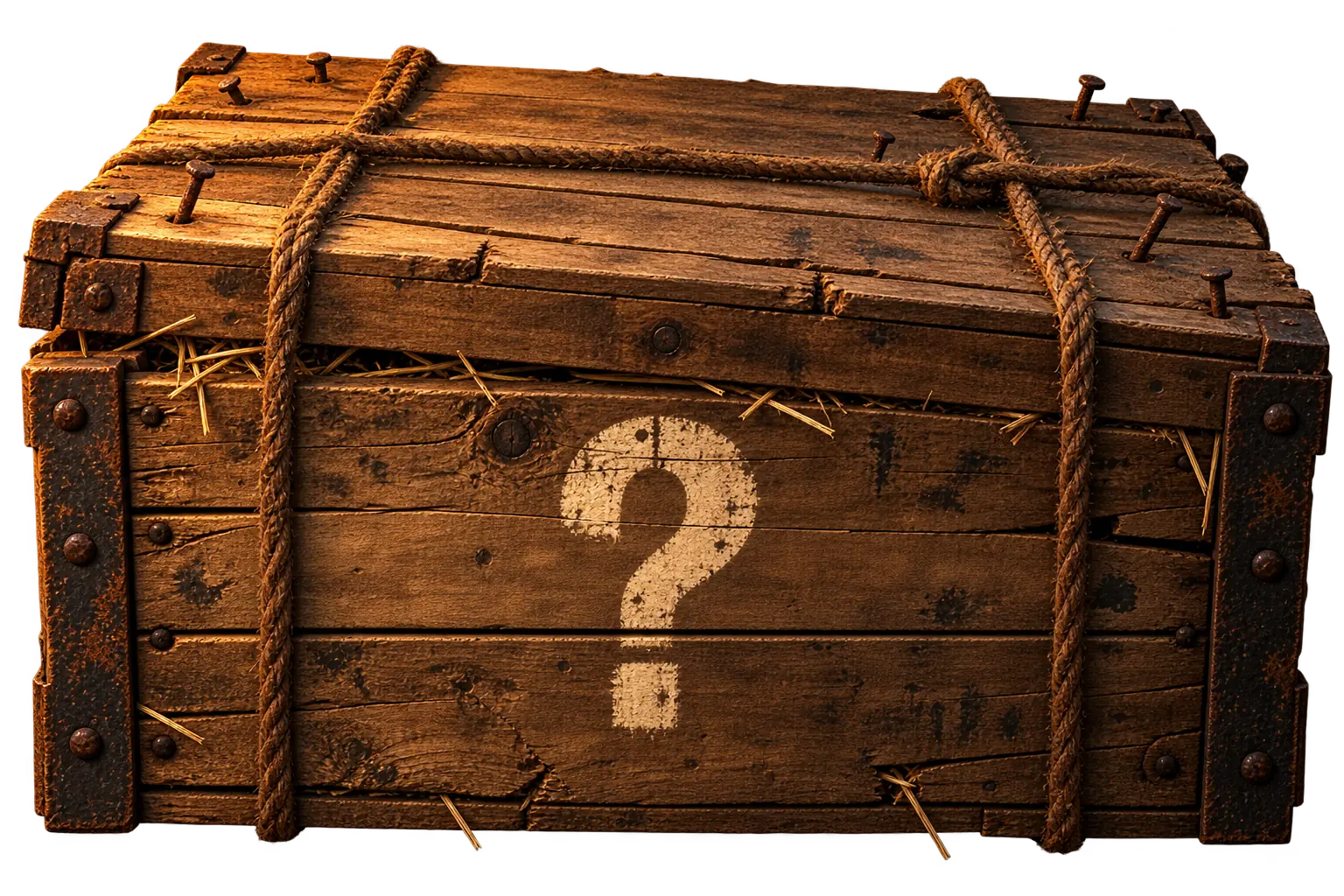 A wooden crate nailed shut and tied with rope, with a stencilled question mark